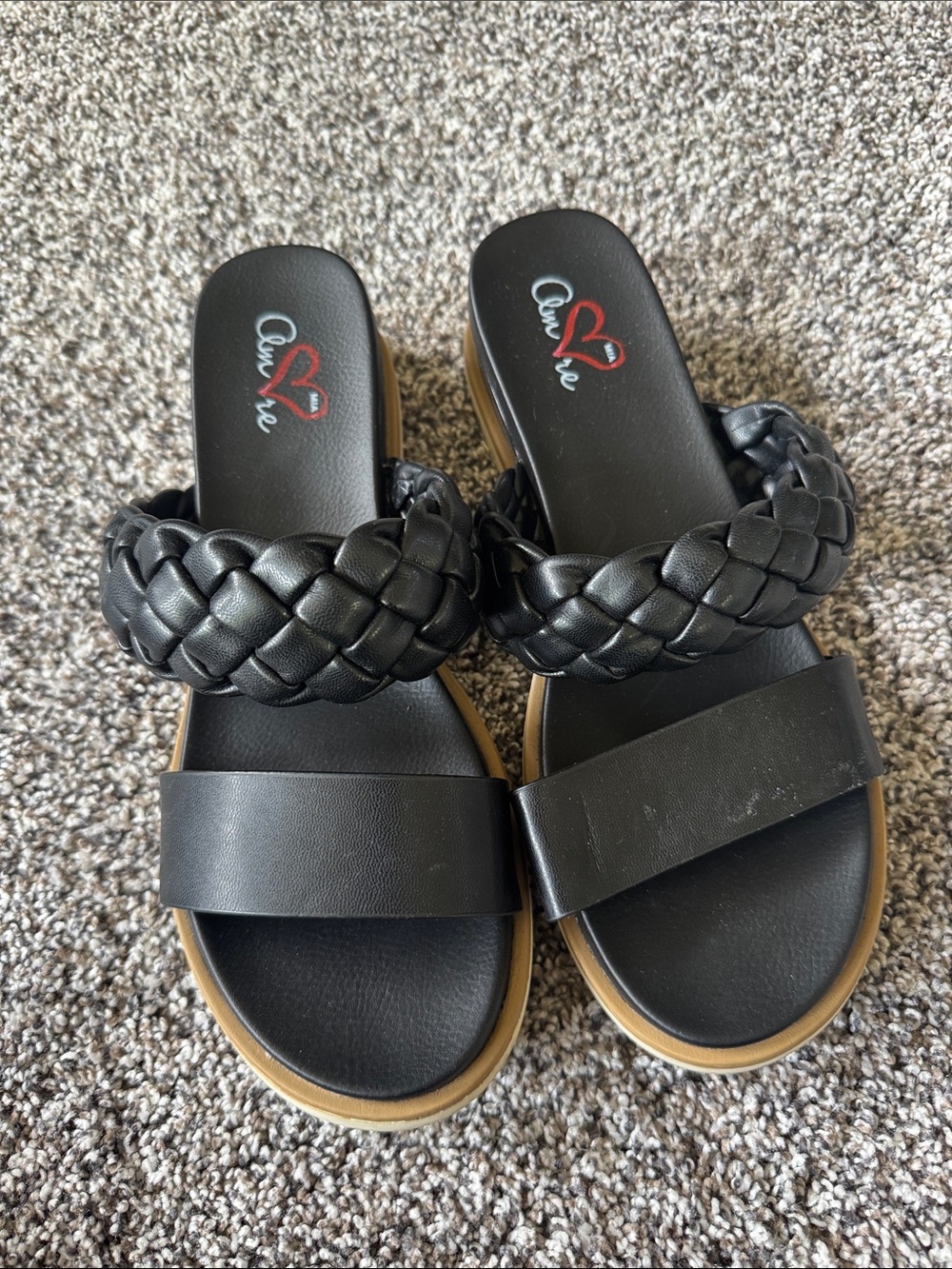 Annie Black Braided Double Strap Slide Sandals with Tan Trim